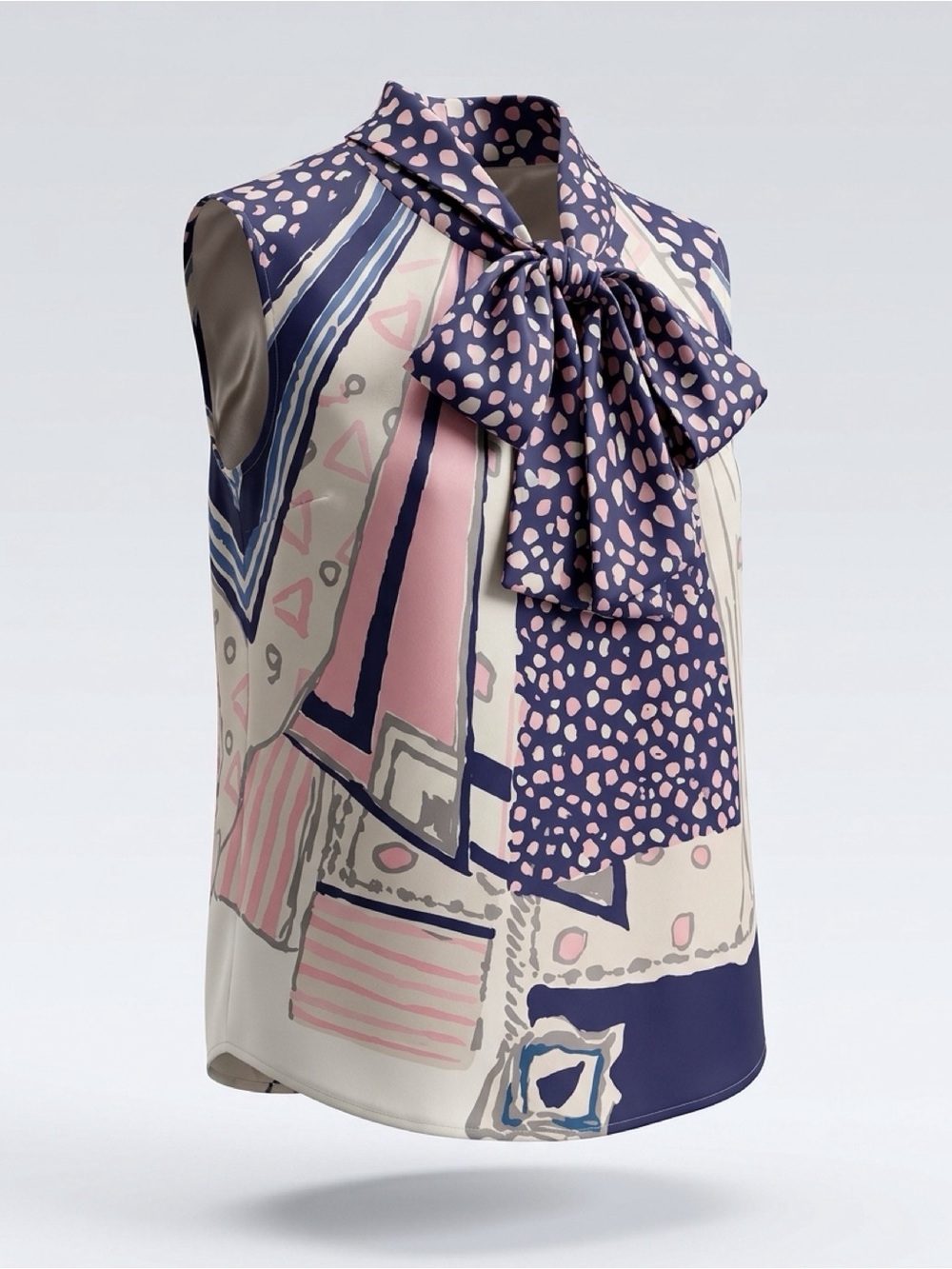Oscar de la Renta Sleeveless Silk Bow Blouse in Navy, Pink, Cream